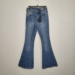 Forever 21 Jeans High Rise Flare Rhinestones Party Festive Denim rave NWT